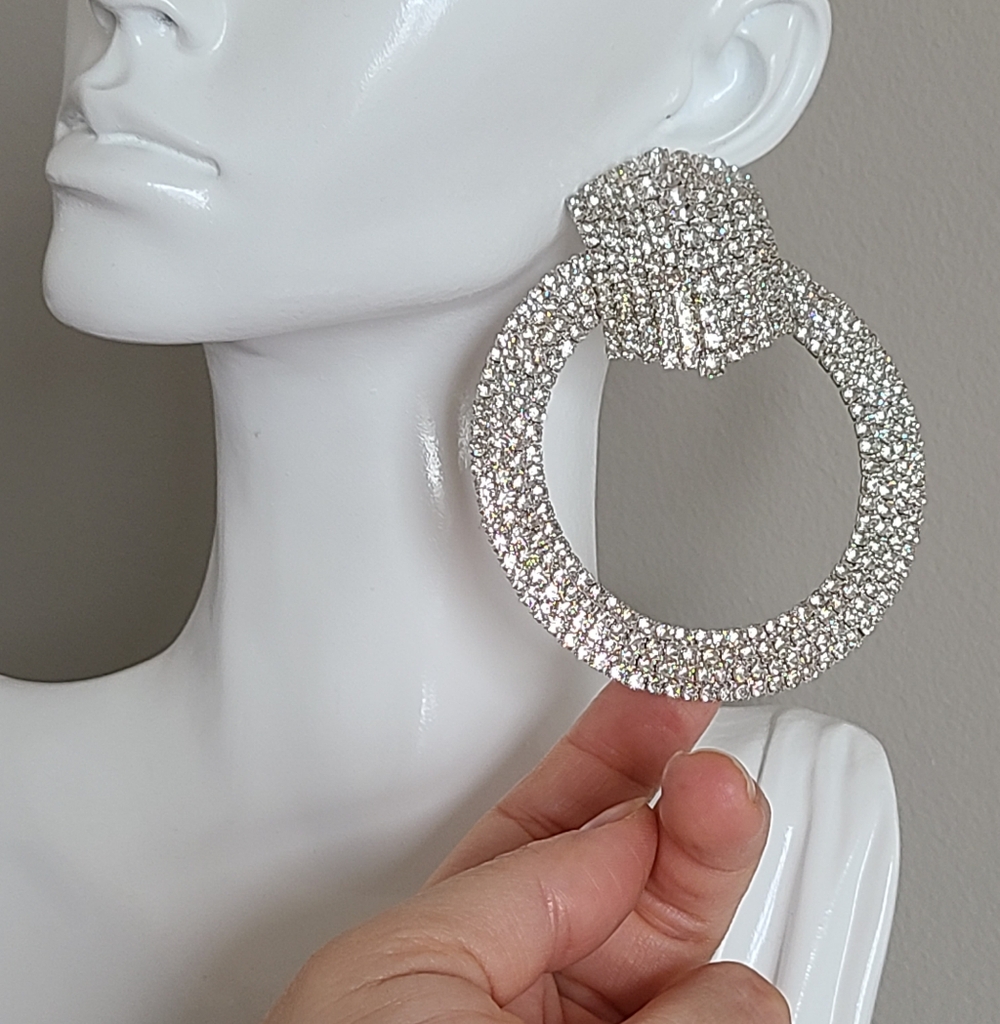 Vintage Silver Huge Pave Rhinestone Hollow Circle Drop Dangle Party Earrings